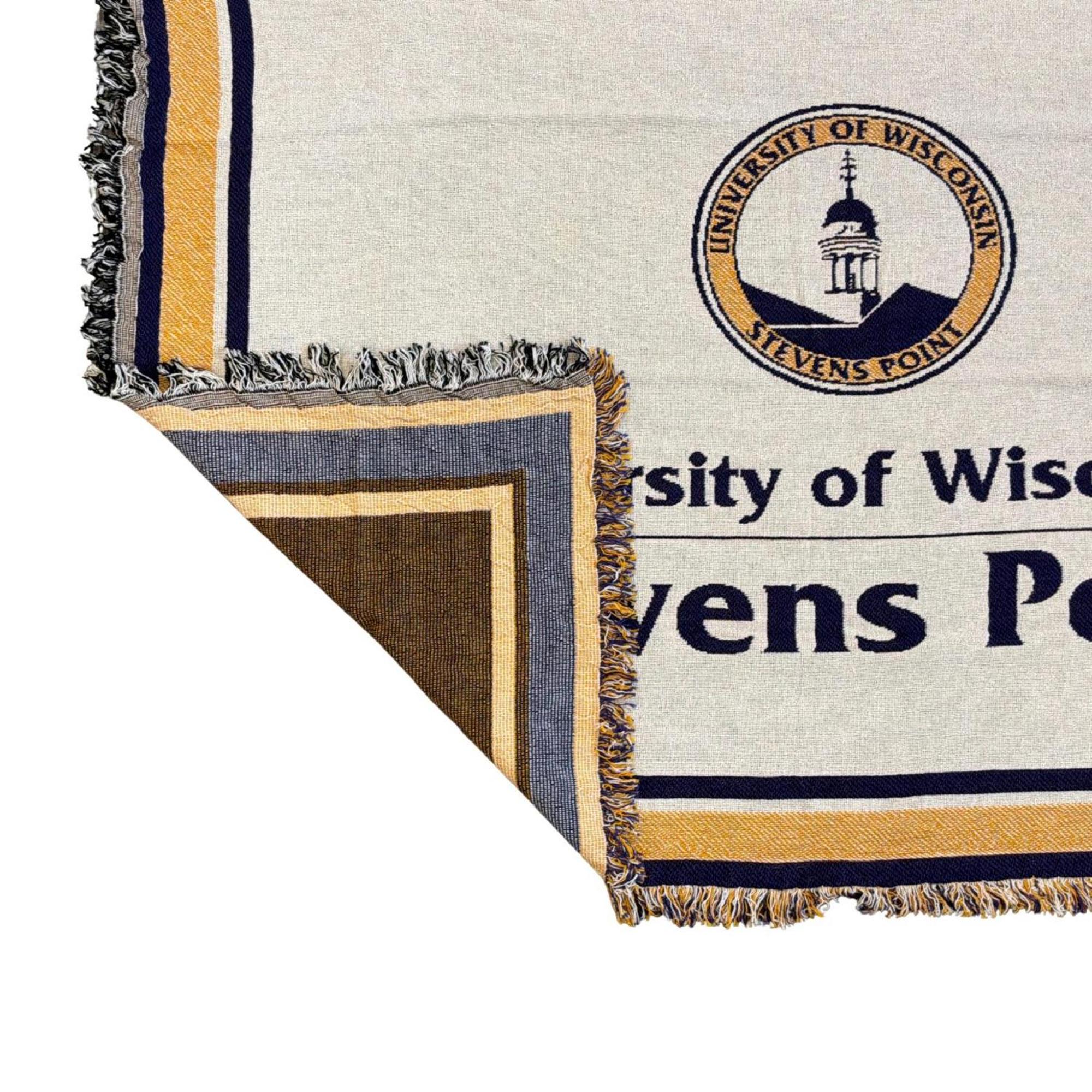 Product image 1 of 2 for University of Wisconsin Stevens Point Tapestry Afghan- Yellow or Gold Seal