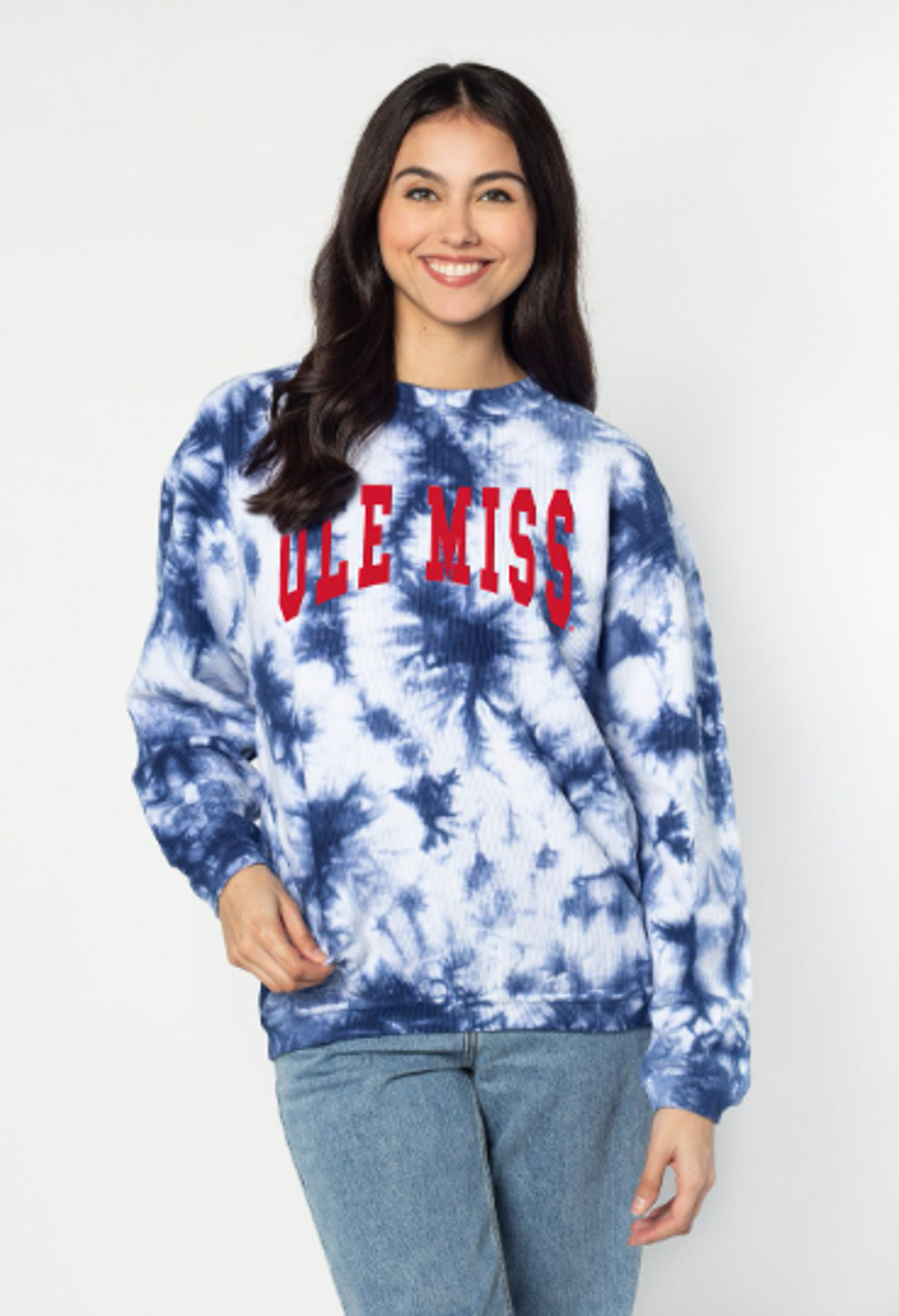 image of: Ole Miss Reverse Arch Corded Crew Tie-Dye Indigo