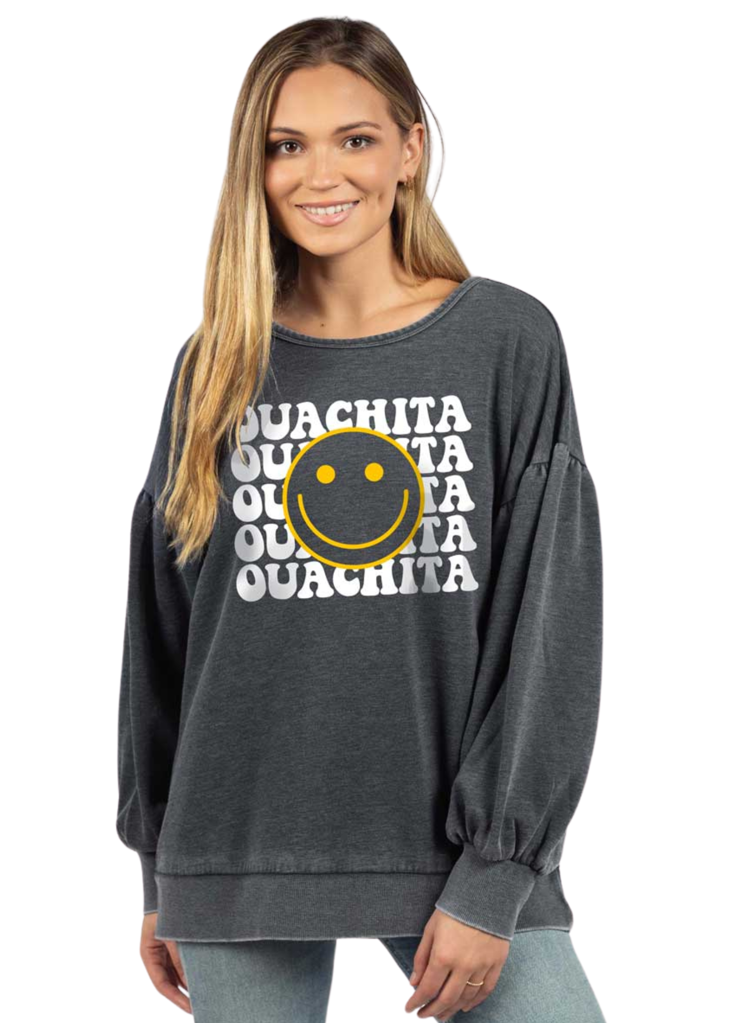 image of: Ouachita Baptist Women's Smiley Puff Sleeve Crew, Charcoal