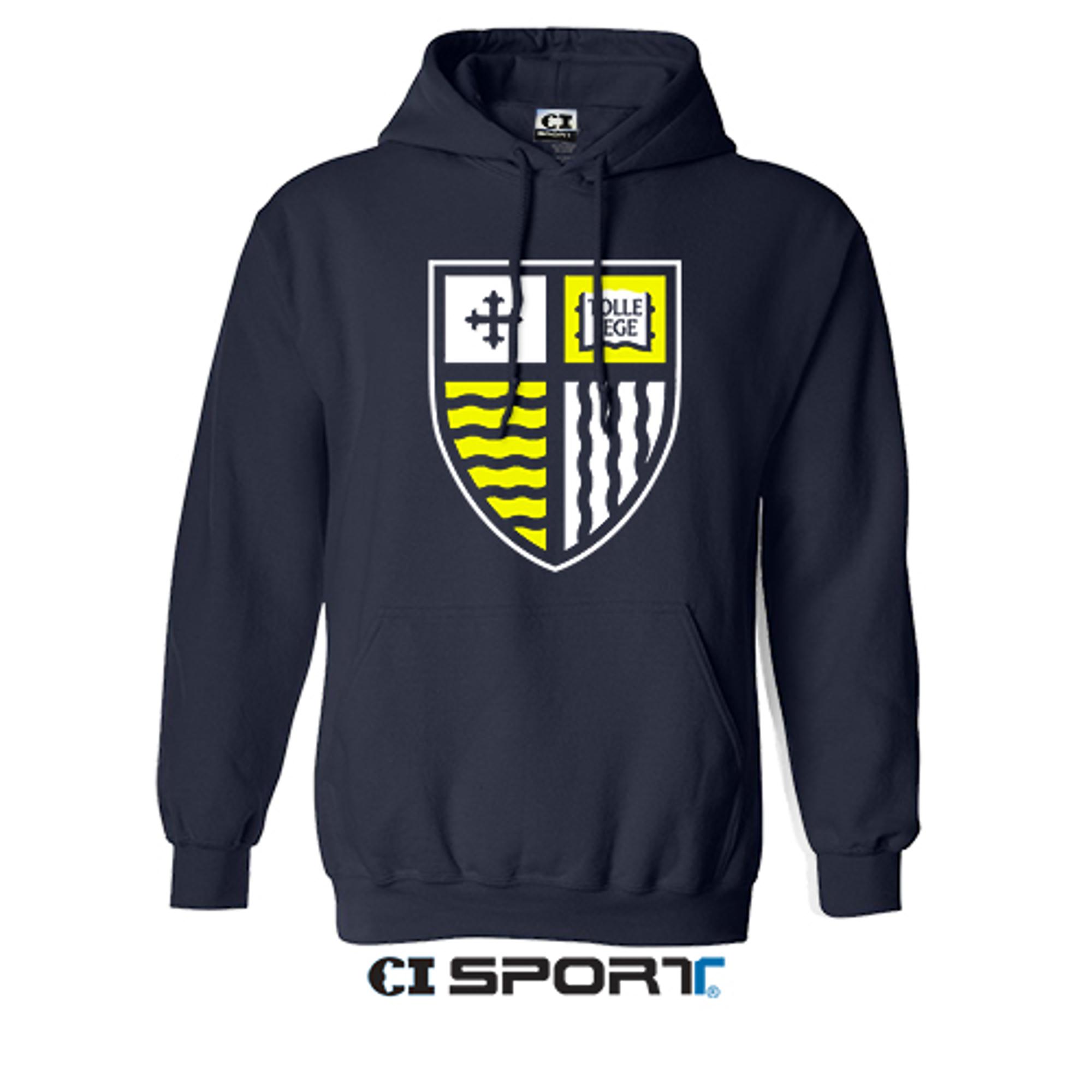 Navy Patch Shield EMB Merrimack College Hoodie; $54.99