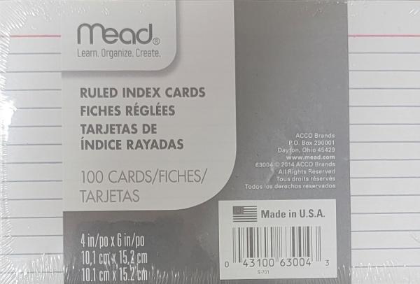 Mead Index Card White 4x6in 100ct Bulk Ruled; $2.99