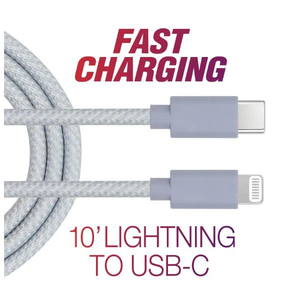 CABLE 10' LIGHTNING TO USB-C BRAIDED BLUE; $14.99