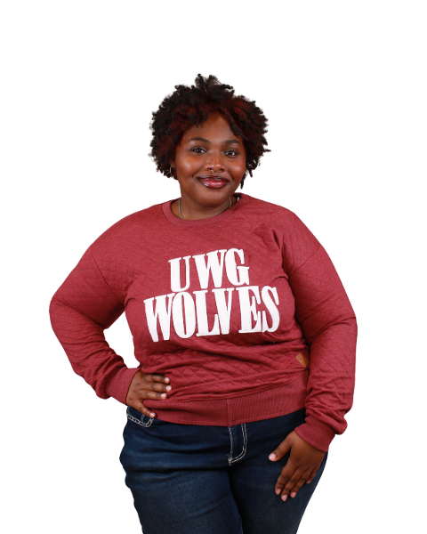 WEST GA TEXT "PASADENA" QUILTED CREWNECK; $39.99