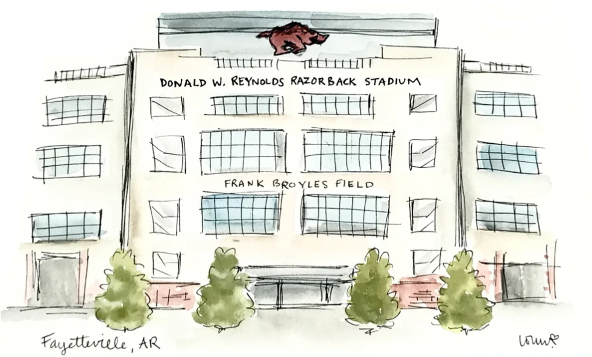image of: University of Arkansas Donald W. Reynolds Razorback Stadium Watercolor Print - 8" x 10"