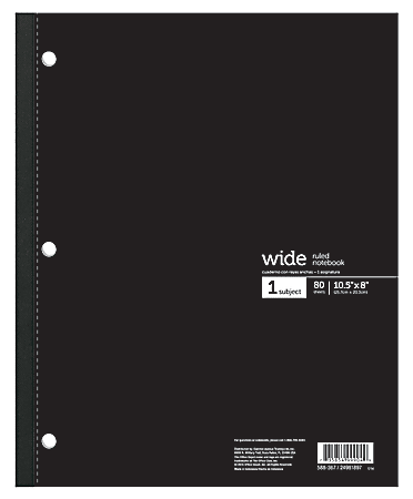 image of: Office Depot® Brand Wireless Notebook, 8 1/2" x 10 1/2", 3-Hole Punched, 1 Subject, Wide Ruled, 80 Sheets, Black