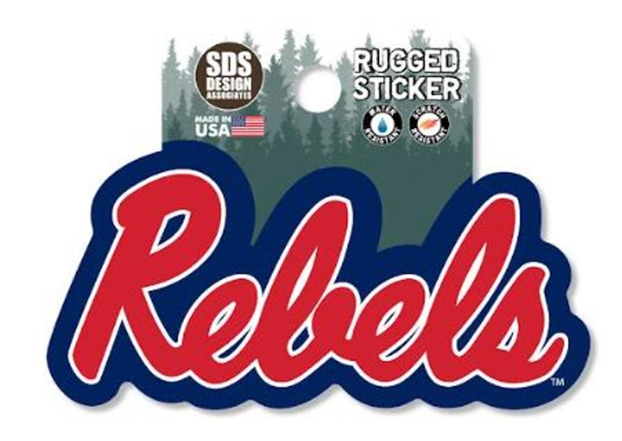 Rebels Script Rugged Sticker Red 3.5in | Rebel Bookstore, image size:2000x1419