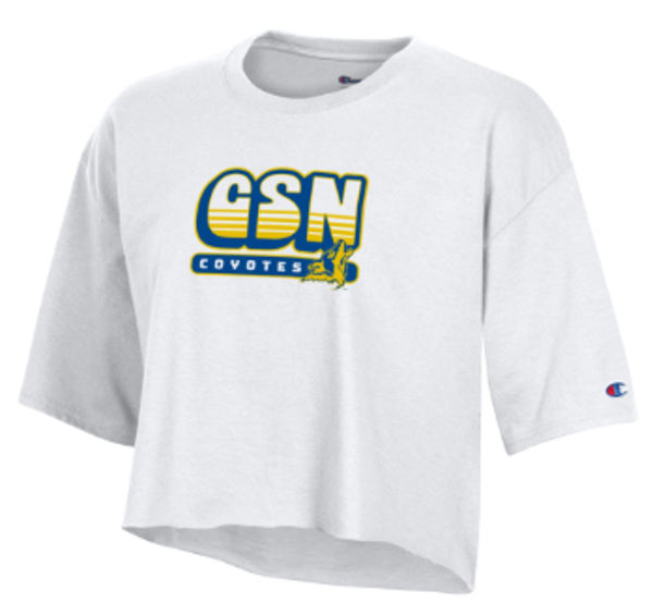 CSN WOS CROP TEE CSN OVER COYOTES WHT; $29.99