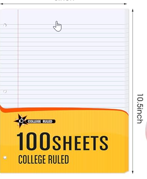 College Ruled Looseleaf Notebook Paper, 100 Sheets; $4.99