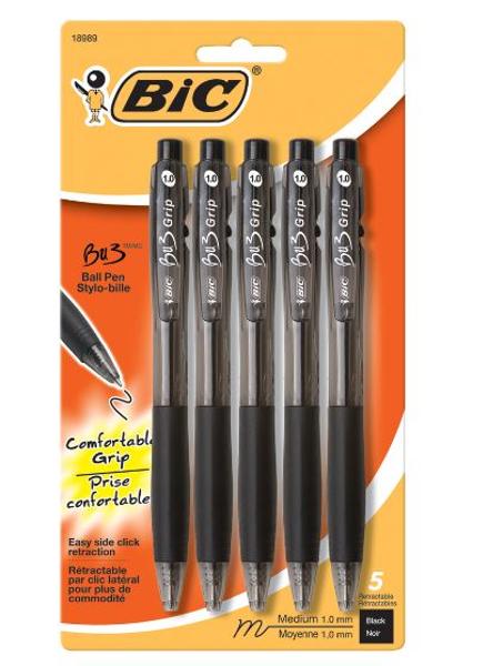 BIC BU3 Grip Retractable Ballpoint Pen 1.0mm 5Pk; $3.49