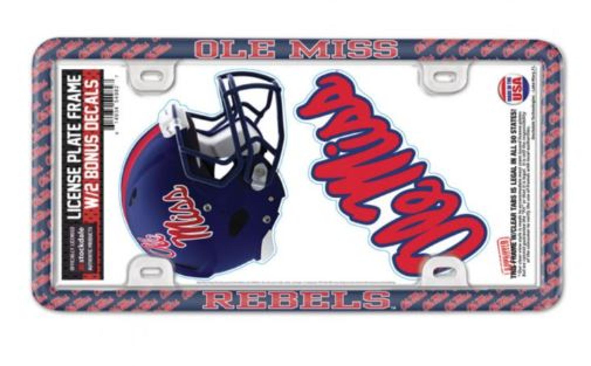 image of: Ole Miss Rebels Allover Script Print Plastic License Plate Frame with Decals