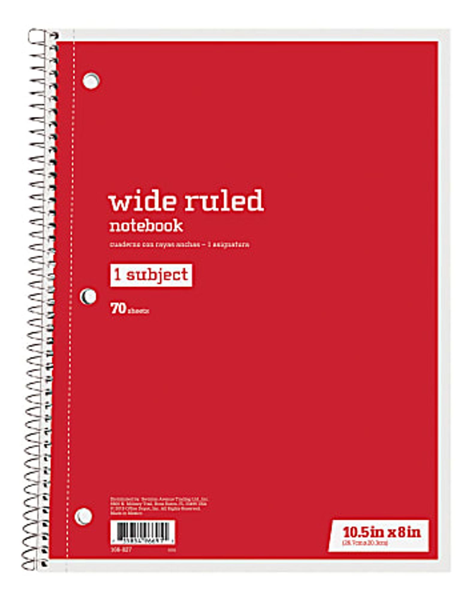 image of: Just Basics® Spiral Notebook, 7-1/2" x 10-1/2", Wide Ruled, 140 Pages (70 Sheets), Red