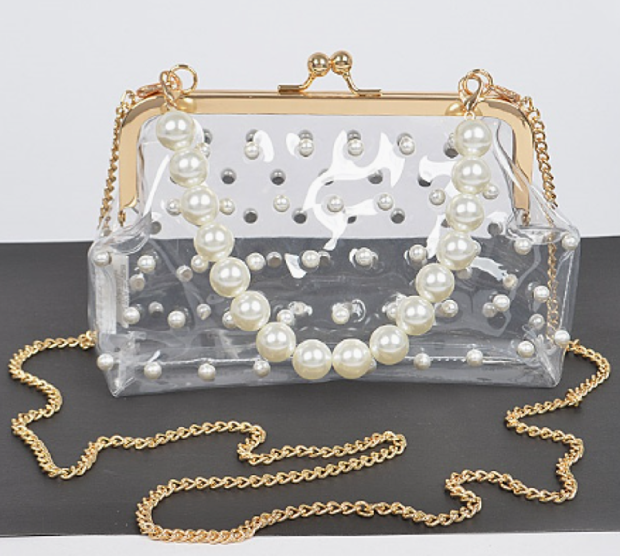 image of: Trendy Clear Gold and Pearl Shoulder Bag Purse