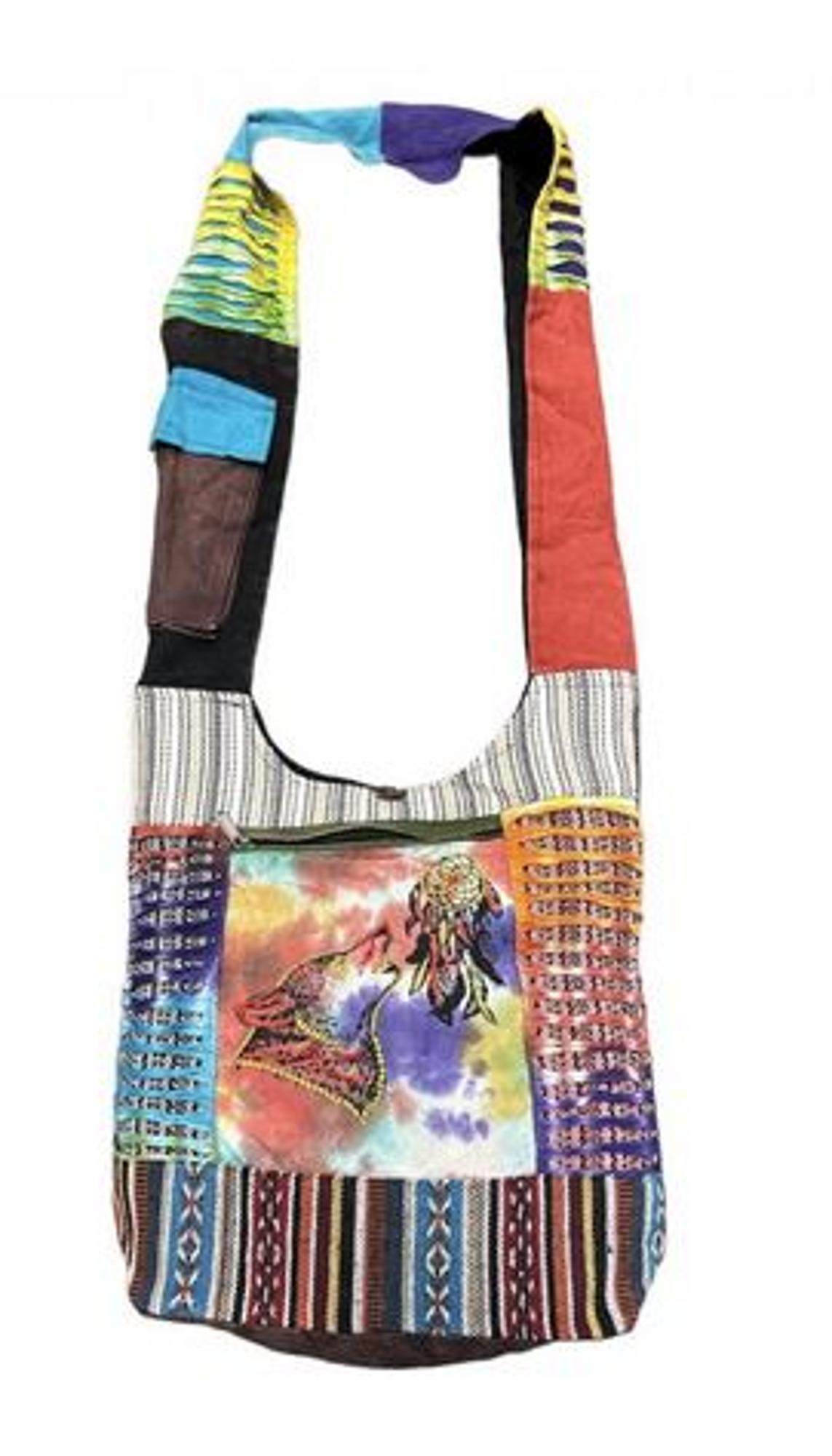 image of: Rising "Wolf and Dreamcather" Embroidered Cotton Sling Bag