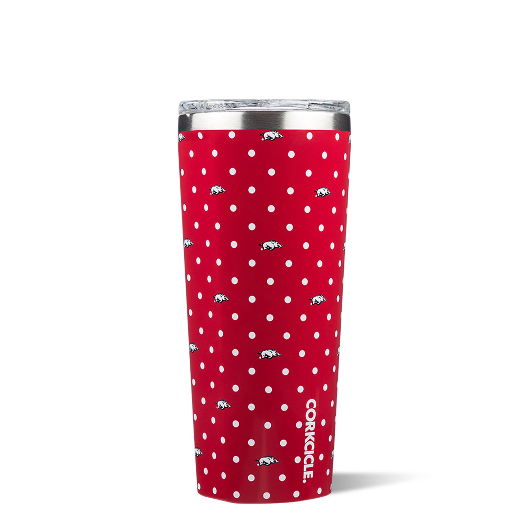 image of: Arkansas Razorbacks Corkcicle. 24oz Polka Dot Logo Tumbler - Red