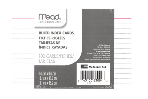 Mead 4in x 6in Ruled Index Cards, 100 Pack, White; $3.98
