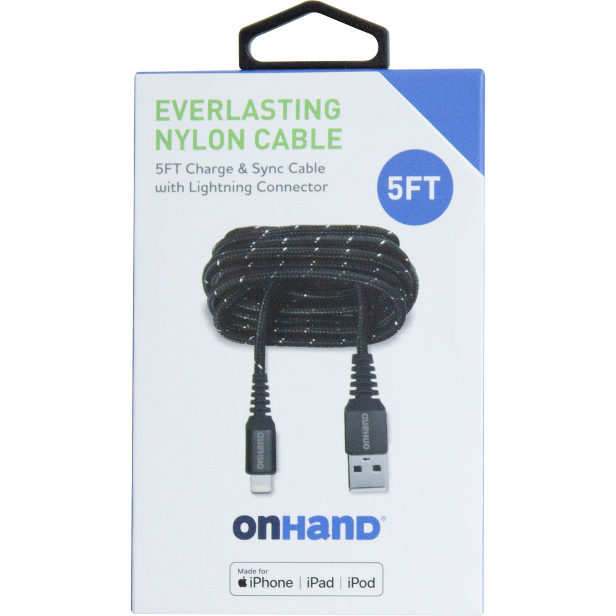 image of: OnHand Everlasting Nylon Sync & Charge Cable 5ft BP USB-A to Lightning