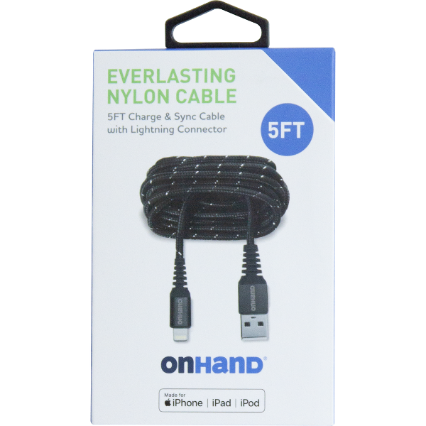 OnHand Everlasting Nylon Sync & Charge Cable 5ft BP USB-A to Lightning; $19.98