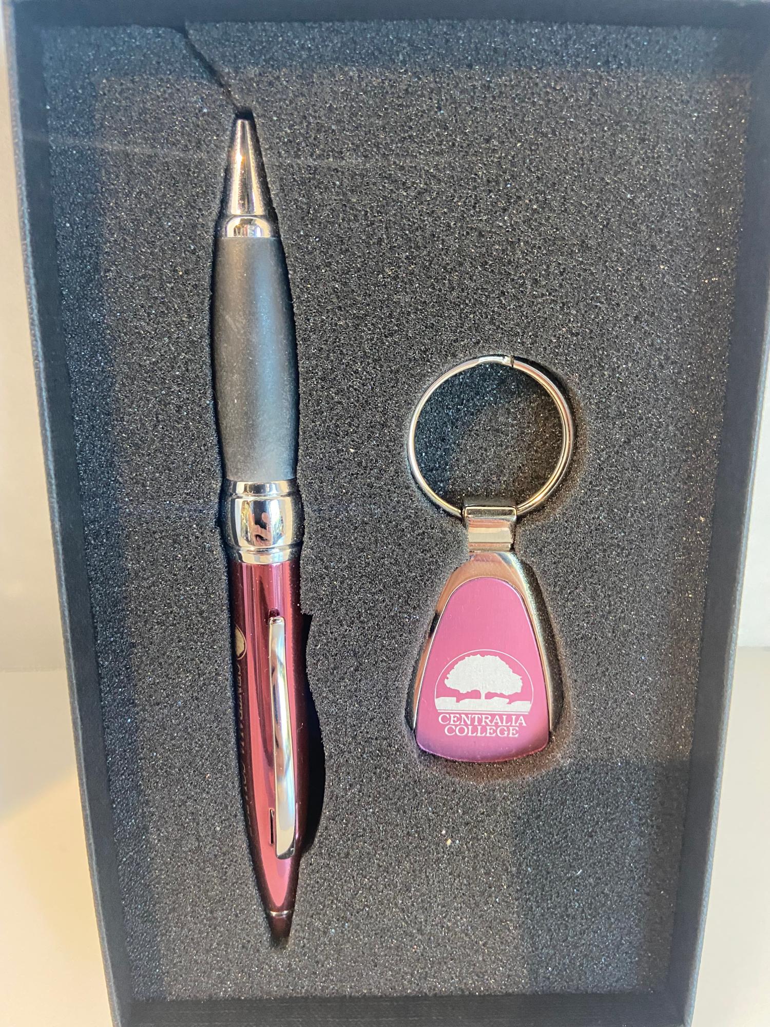 image of: CENTRALIA COLLEGE KEYCHAIN AND PEN SET PINK AND SLIVER