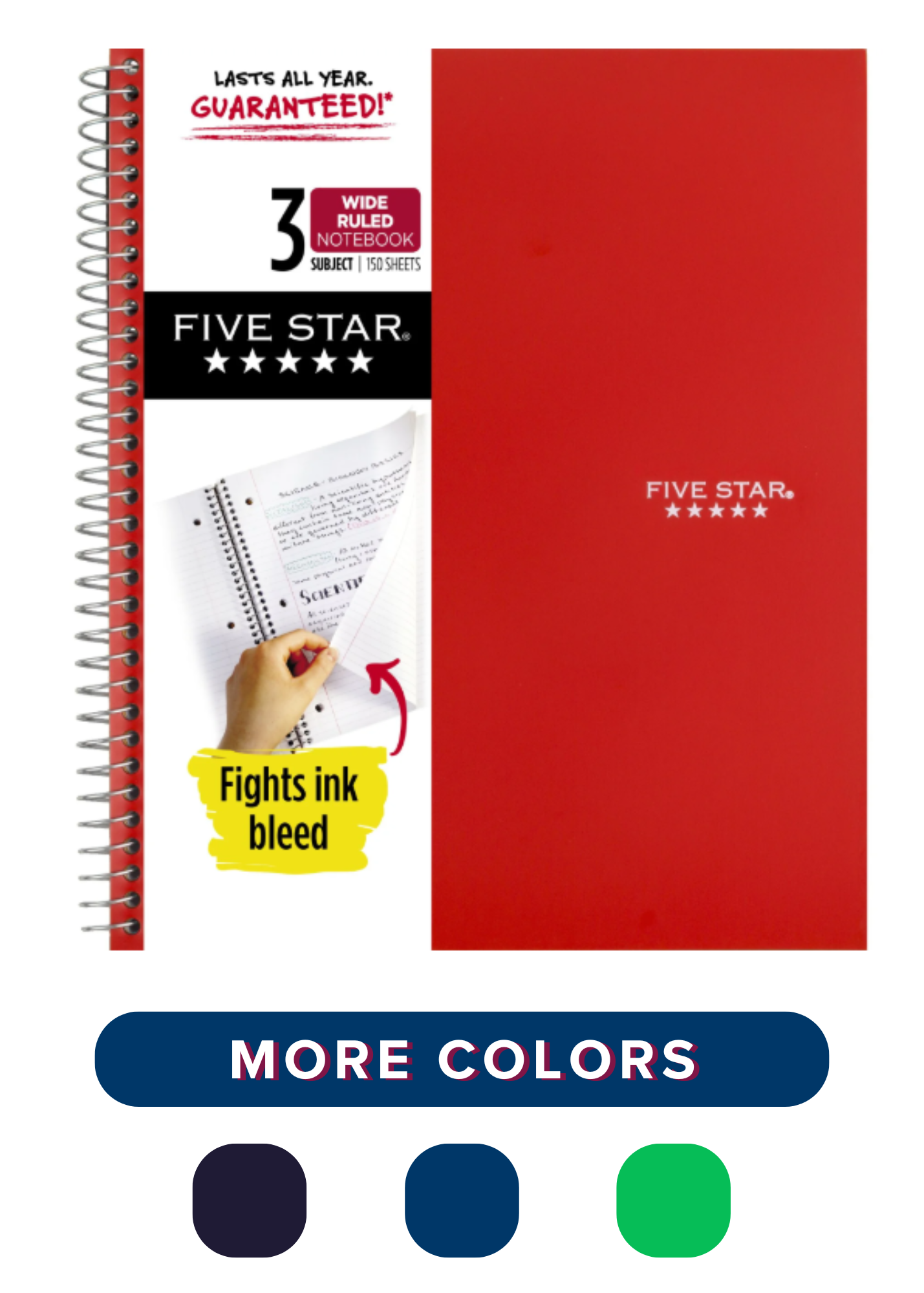 image of: Five Star 3-Subject College Ruled Spiral Notebook