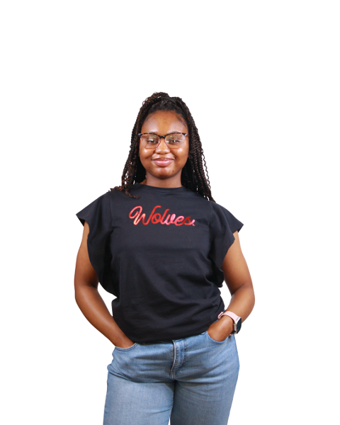 WOLVES FOIL TEXT MAZIE RUFFLE TEE; $24.99