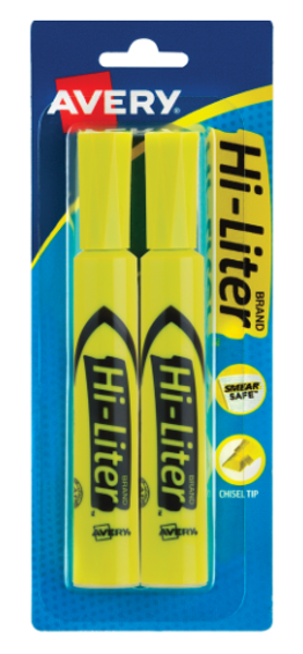 Avery Hi-Liter Fluorescent Highlighter, Chisel Tip, 2 Pack, Yellow; $1.99