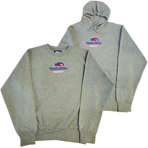 UMass Lowell Embroidered Hockey Crew and Hoodie; $49.99