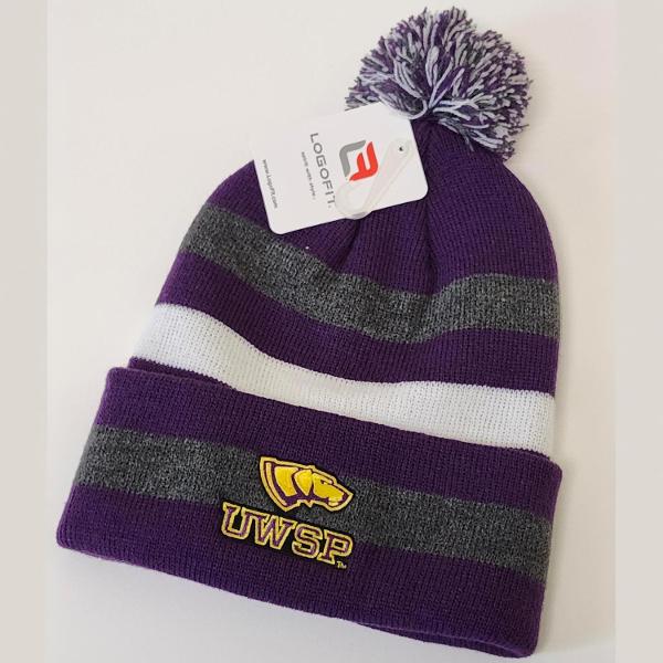 University of Wisconsin Stevens Point Primetime Striped Cuff Pom Beanie, Purple; $24.98