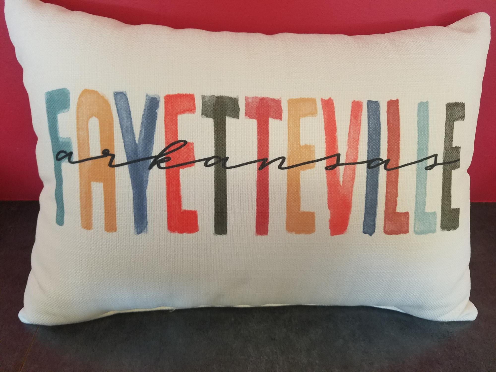 image of: Multi Colored Poster Fayetteville, Arkansas Throw Pillow - Tan