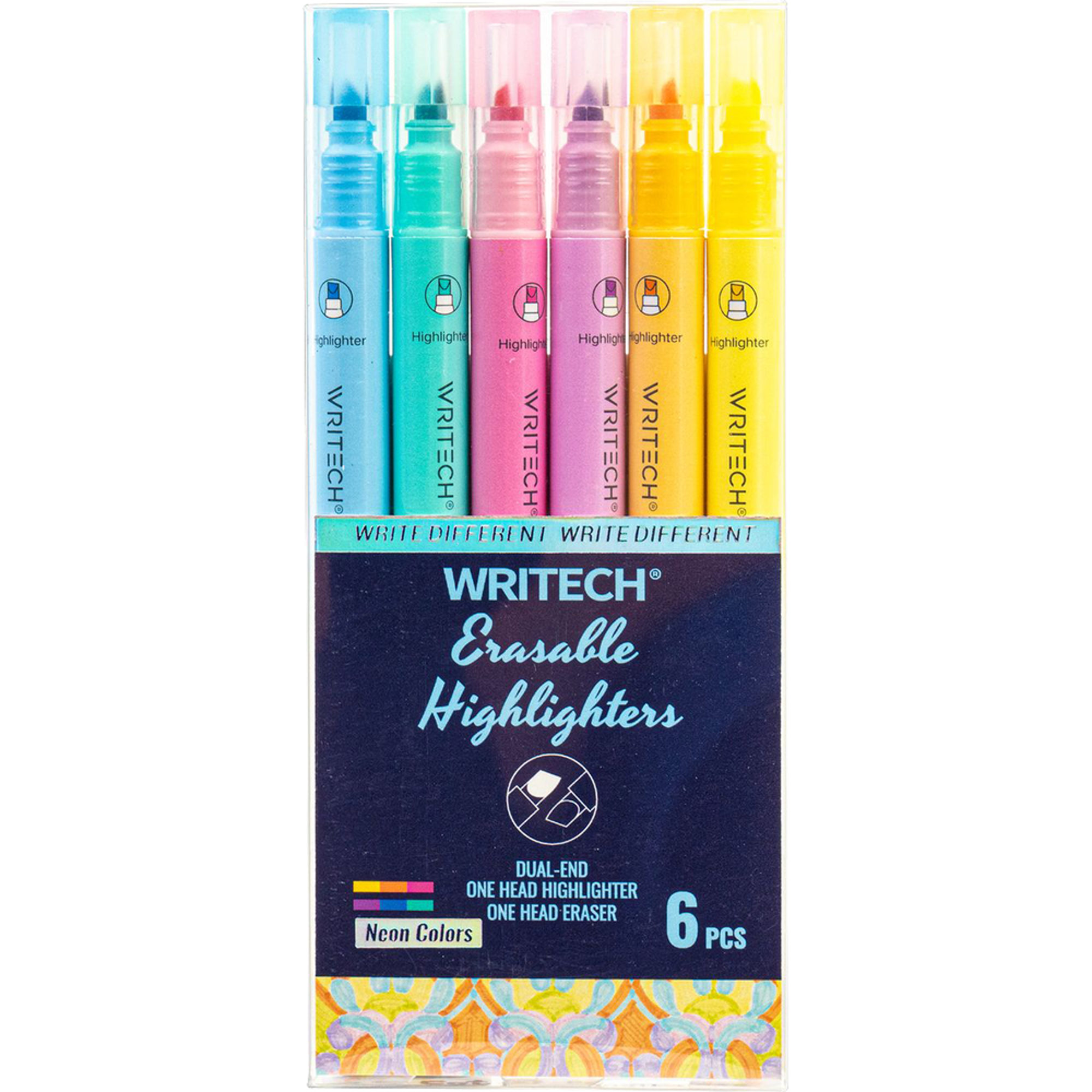 image of: Writech Erasable Highlighter - Asst 4mm Chisel 6Pk Neon
