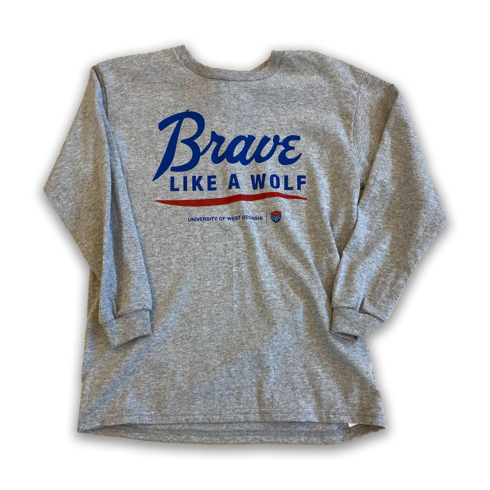 image of: BRAVE LIKE A WOLF YOUTH TSHIRT UWG SHIELD LOGO