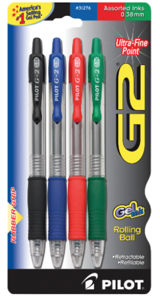 Pilot G2 Retractable Gel Pen - Asst 38mm 4pk; $9.99