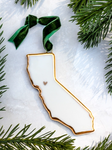 California Gold Heart over Santa Clara, Handmade Porcelain State Ornament, White; $34.98
