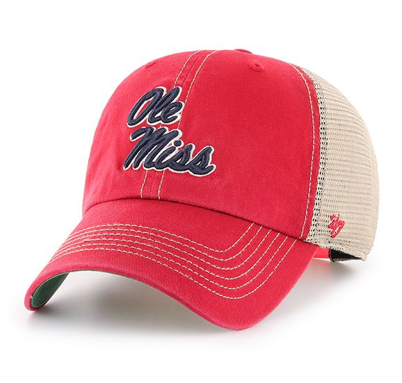 image of: Ole Miss Stacked Script Trawler Adjustable Mesh Hat Red/Khaki