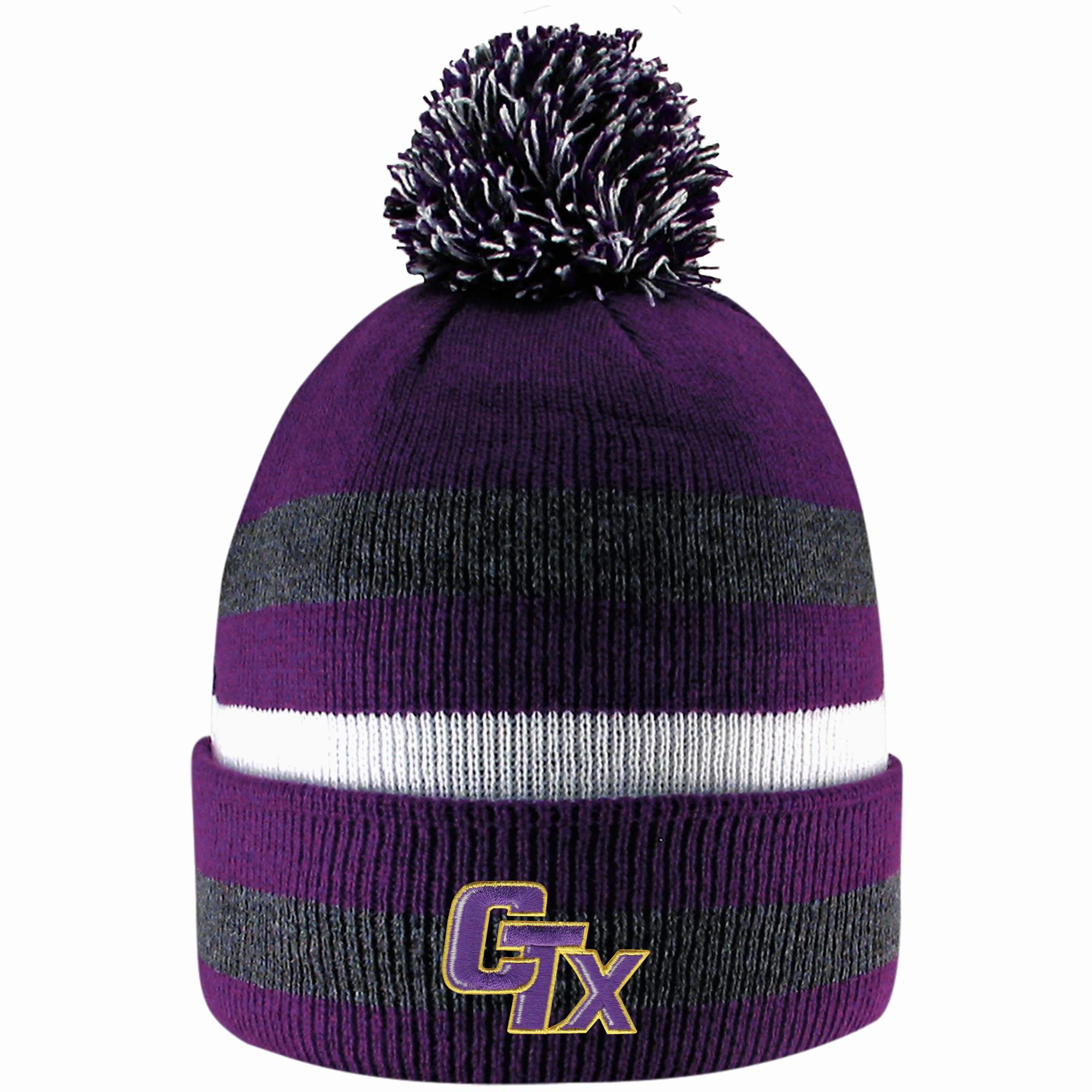 image of: CTX "Primetime" Striped Knit Cuff Hat with Pom - Purple/Charcoal