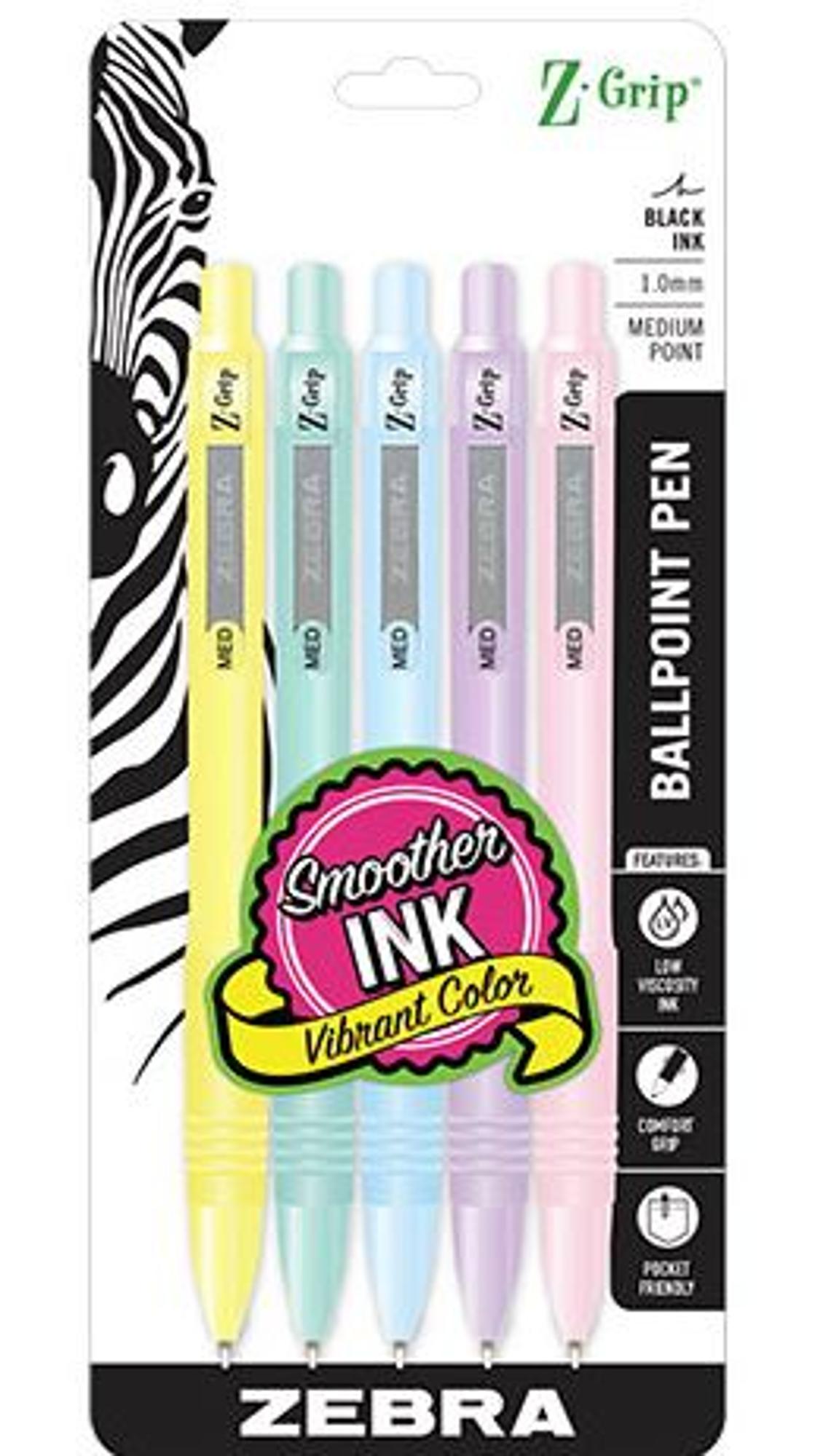 image of: Z-Grip Retractable Ballpens 1.0mm Pastel Barrels Black Ink 5pk