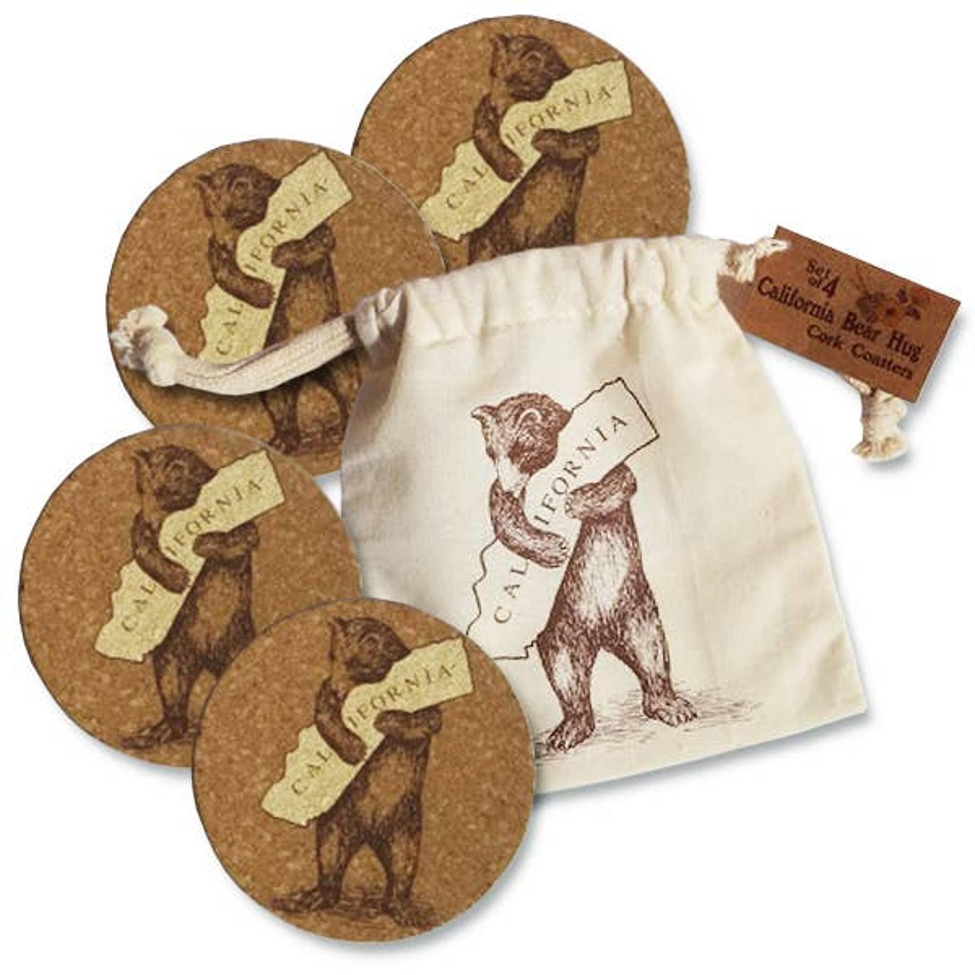 Product image 1 of 1 for Set of 4 CA Bear Cork Coasters in Drawstring Pouch SF Mercantile