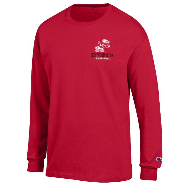 CHAMPION L/S TEE RED FIGHTING BIRD FRONT LEFT CHEST AND BACK; $29.99