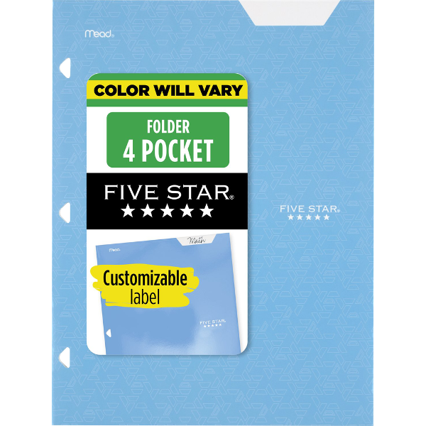 Five Star Paper Pocket Folder - Asst 9.5x12in 4 Pocket; $3.49