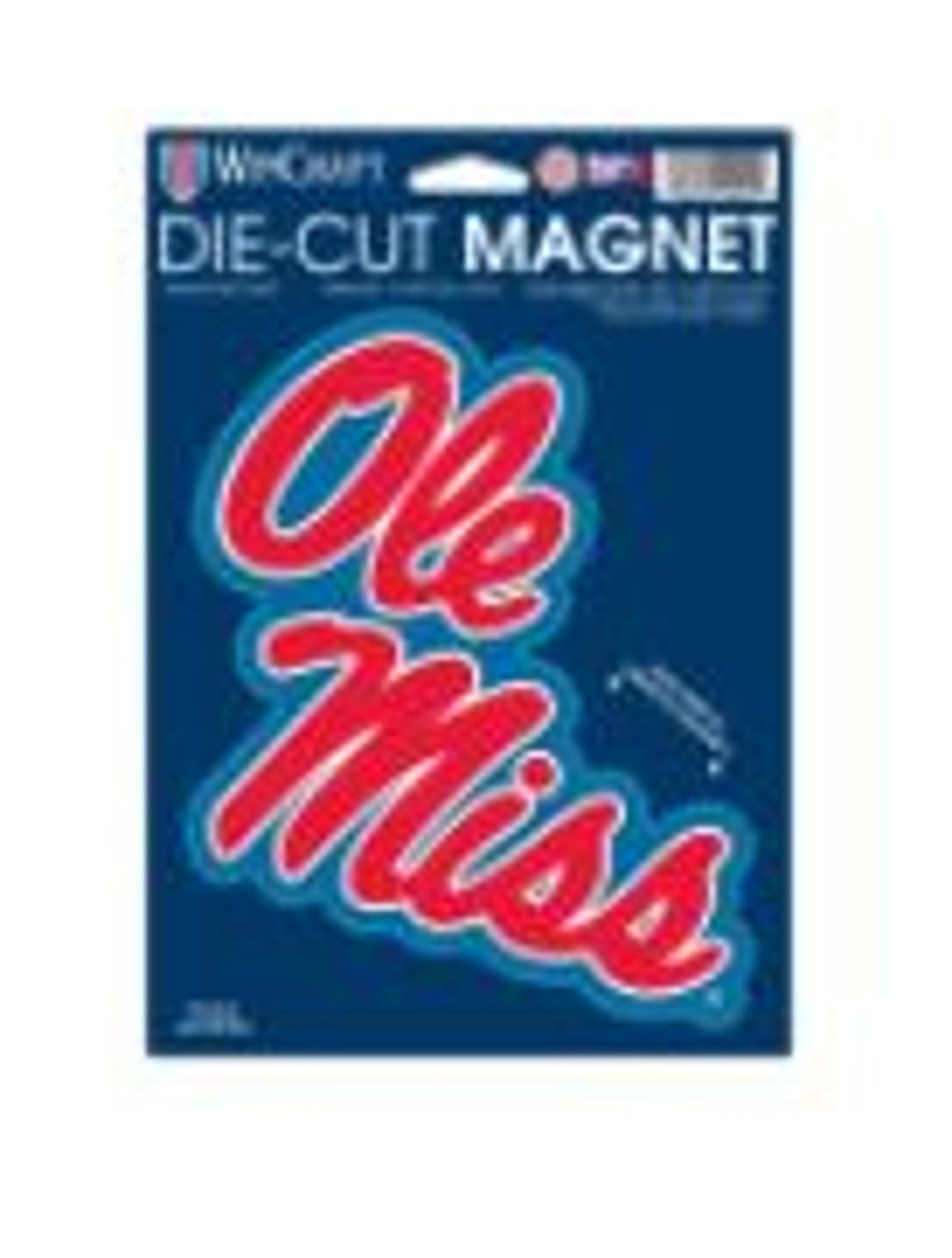 image of: Ole Miss Stacked Script Die Cut Magnet Light Blue Background 6.25x9