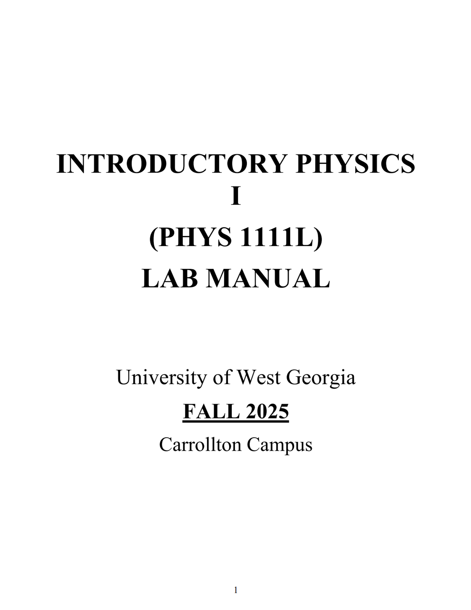 Cover image for PHYS 1111L LAB MANUAL - FALL 2025