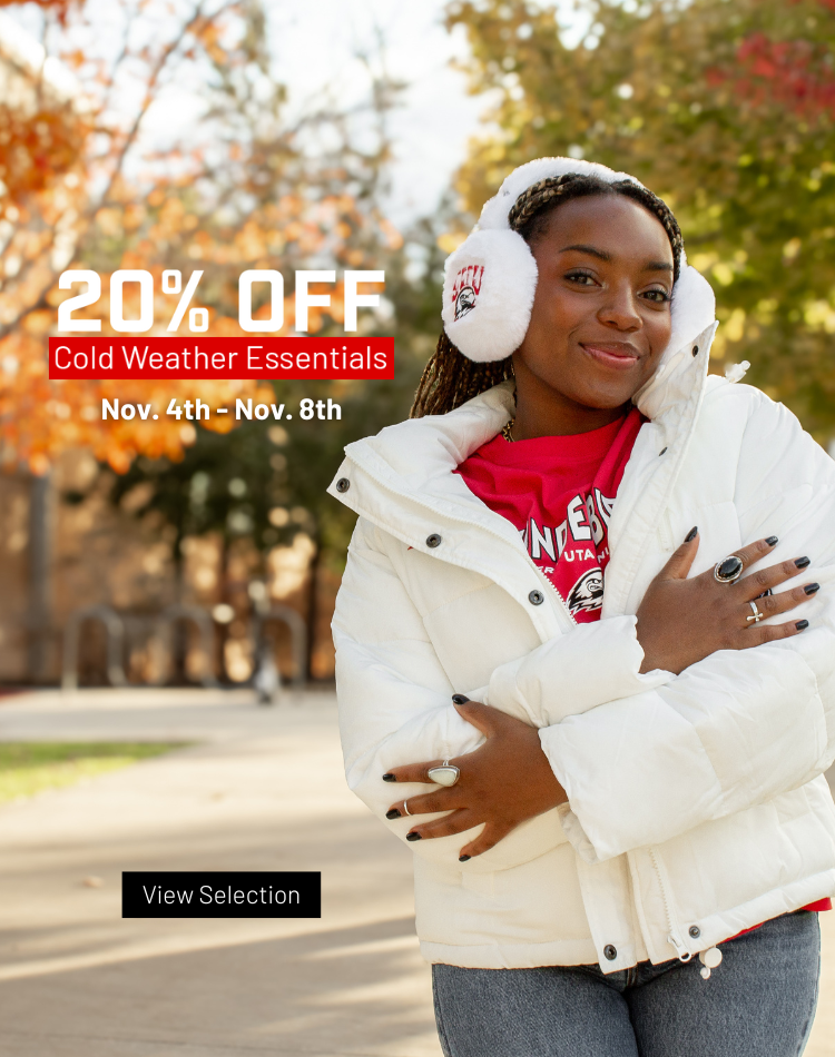 SUU Student wearing white SUU winter wear on campus.