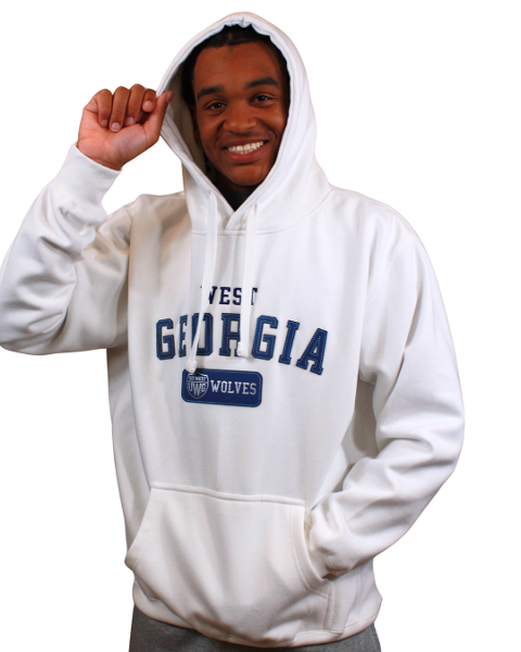 BLUE LEATHER PATCH SHIELD JUSTUS HOODIE; $54.99