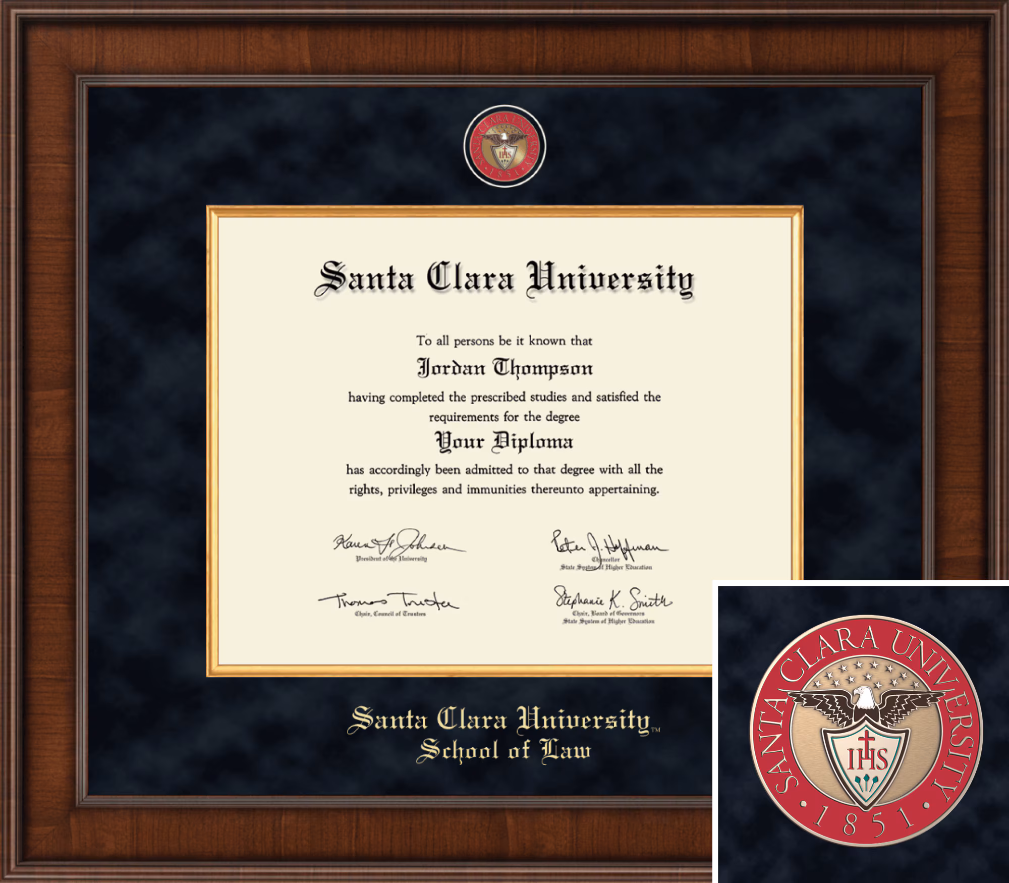 image of: Santa Clara University 11in x 14in Presidential School of Law Diploma Frame, Walnut