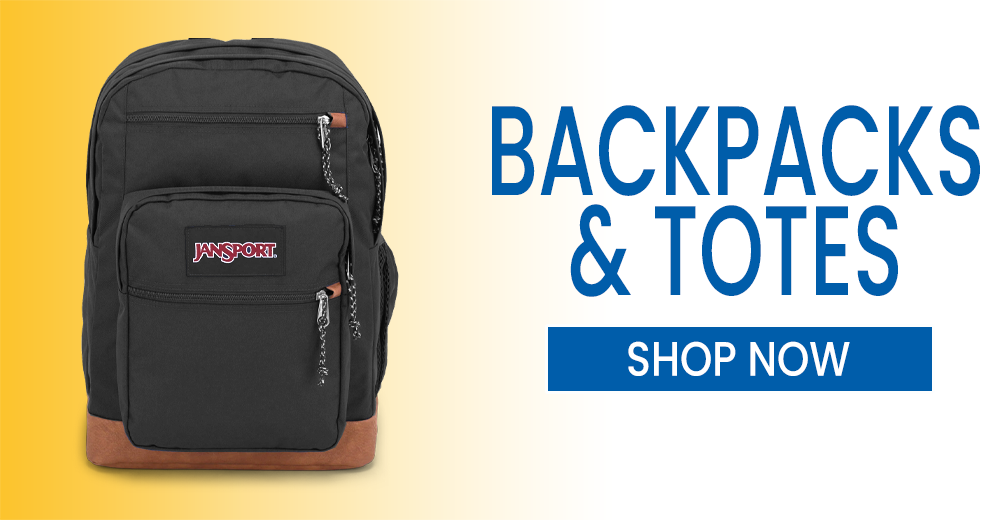 Image of a Backpack with a shopping link. "Shop Backpacks and Totes"