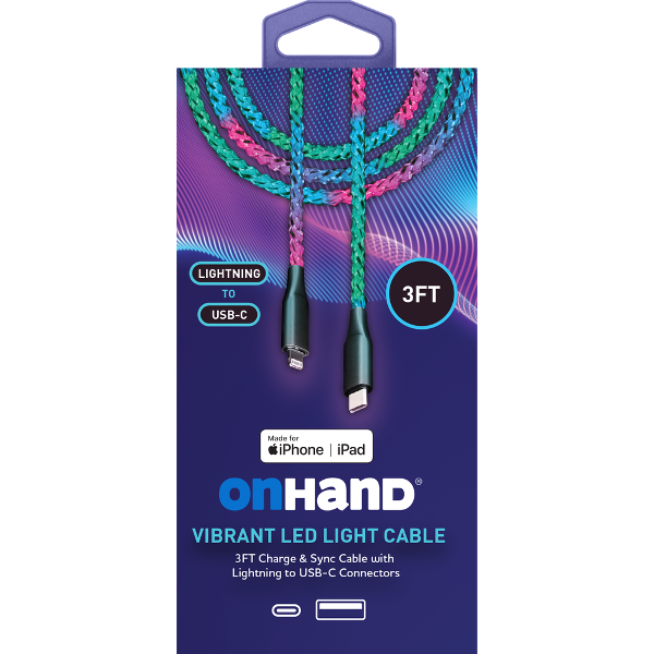 OnHand Vibrant LED Charge & Sync Cable - 3ft USB-C to Lightning; $29.99