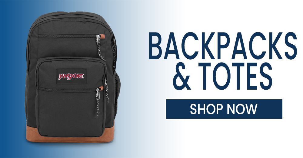 Image of a Backpack with a shopping link. "Shop Backpacks and Totes"