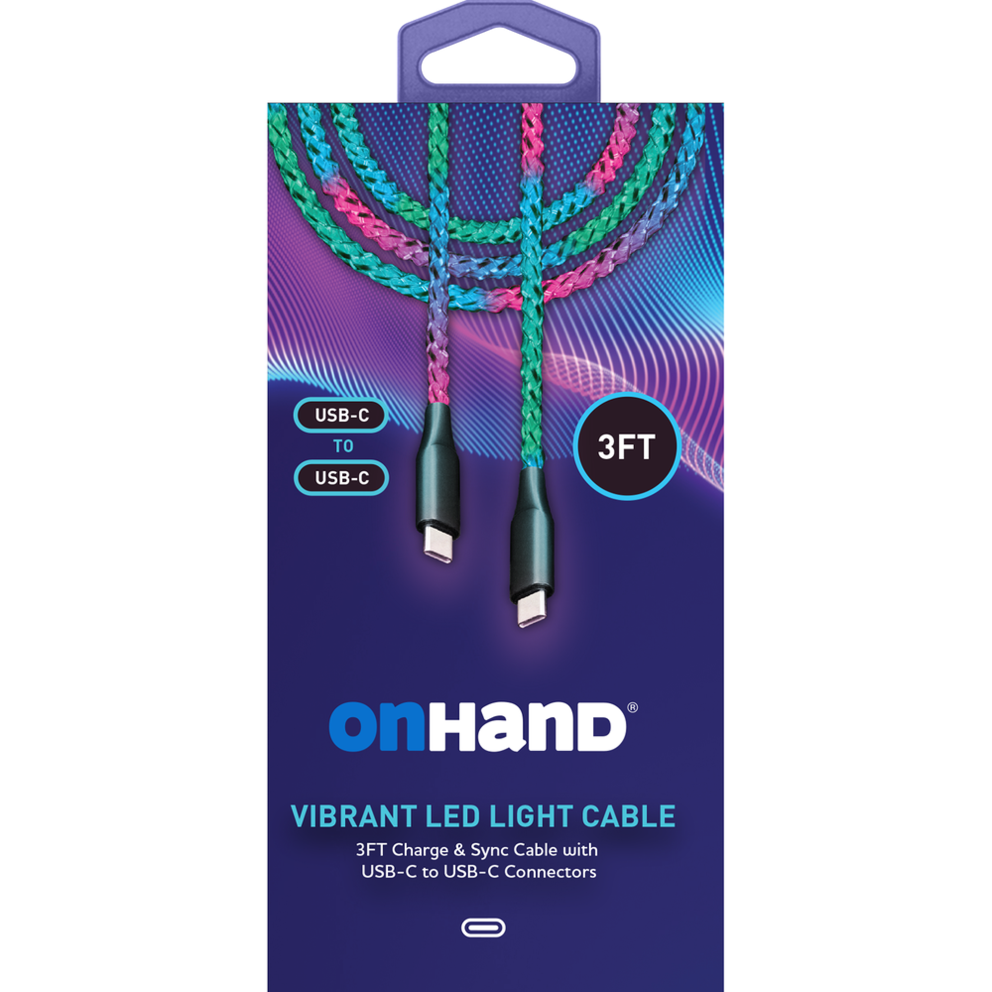 image of: OnHand Vibrant LED Light Charge & Sync Cable - 3ft USB-C to USB-C
