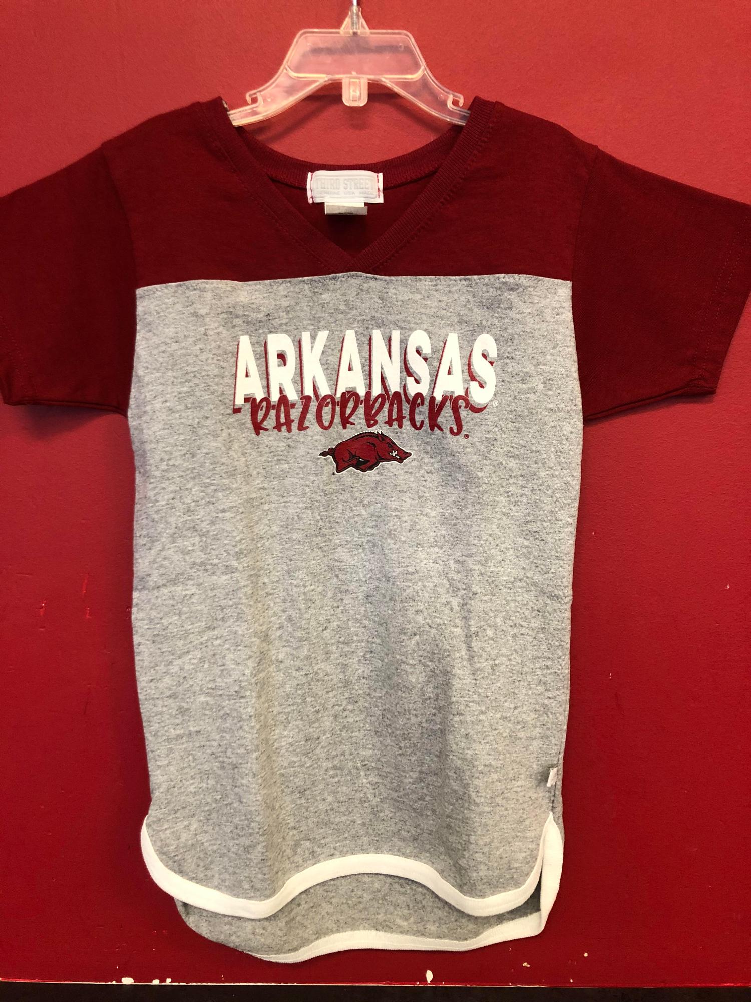 image of: Arkansas Razorbacks Third Street Sportwear Youth Split V-Neck Running Hog Short Sleeve Tee - Grey/Red