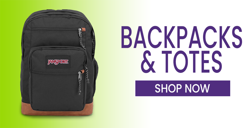 Image of a Backpack with a shopping link. "Shop Backpacks and Totes"