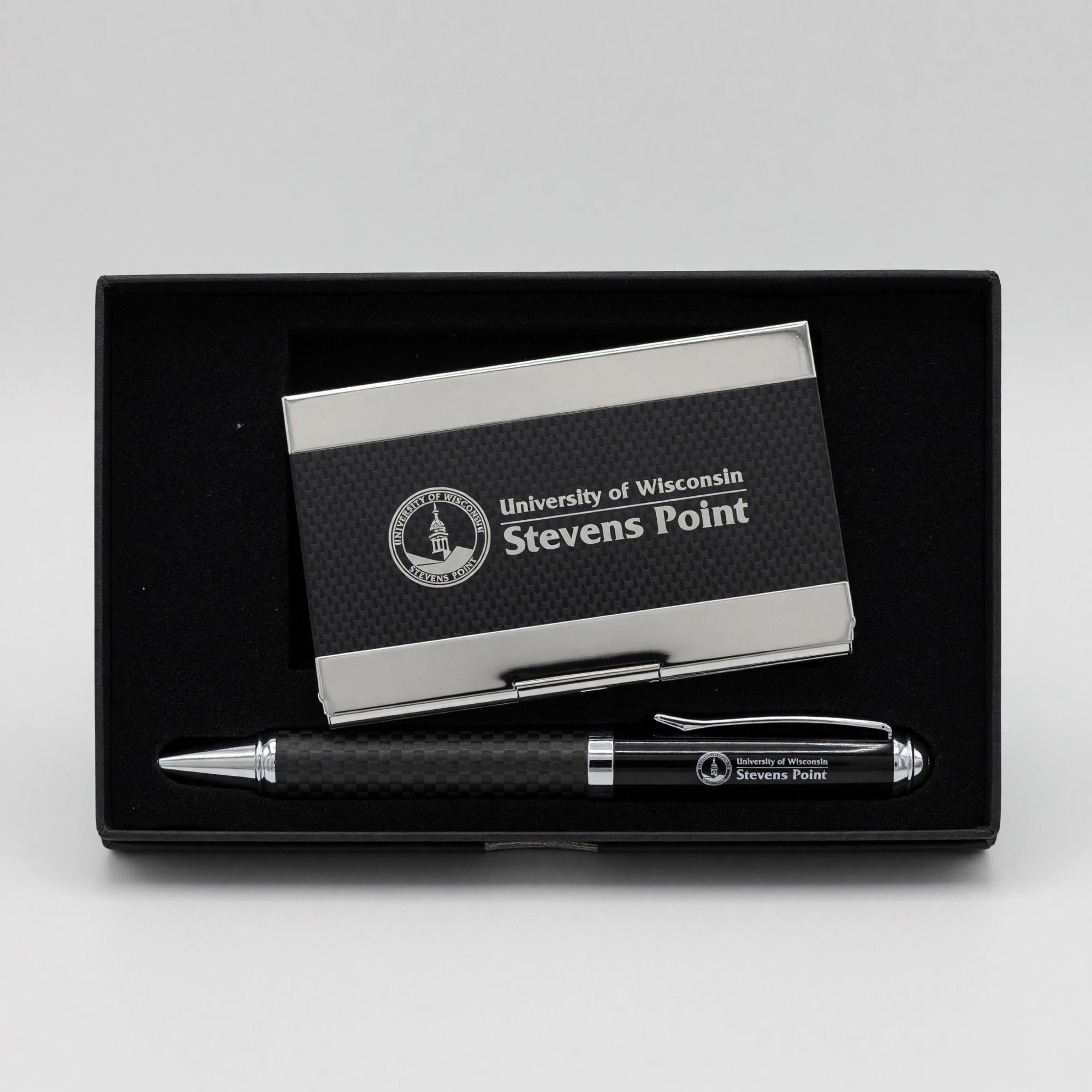 Product image 1 of 2 for University of Wisconsin Stevens Point 2 Piece Carbon Fiber Card Holder with Pen
